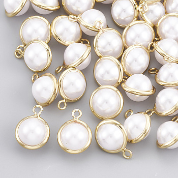 ABS Plastic Imitation Pearl Charms, with Brass Wire, Round, Real 18K Gold Plated, 11.5x8.5x7mm, Hole: 1.2mm