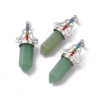 Natural Green Aventurine Big Pendants, 7 Chakra Faceted Bullet Charms, with Platinum Plated Brass Findings and Colorful Rhinestone, Cadmium Free & Lead Free, 55x22.5x16mm, Hole: 8x5mm
