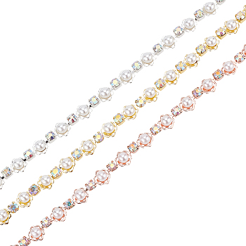 6 Yards 3 Colors AB Color Rhinestones Cup Chains, Alloy Strass Chains with ABS Plastic Pearl Beaded, Mixed Color, 4.5~7.5x4~5mm, 2 Yards/color