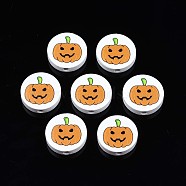 Halloween Printed Natural Wood Beads, Flat Round with Pumpkin Pattern, Dark Orange, 20x5.9mm, Hole: 2mm(WOOD-T021-91)