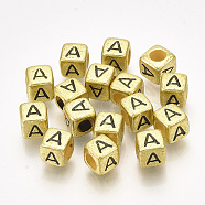 Acrylic Beads, Horizontal Hole, Metallic Plated, Cube with Letter.A, 6x6x6mm, 2600pcs/500g(PB43C9308-G-A)