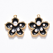 Brass Enamel Pendants, with ABS Plastic Imitation Pearl, Nickel Free, Flower, Real 18K Gold Plated, Black, 16.5x15.5x4mm, Hole: 1mm(KK-T049-052G-01-NF)