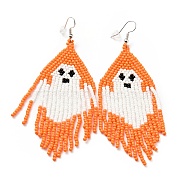 Glass Seed Braided Ghost Chandelier Earrings, Chain Tassel Alloy Halloween Earrings for Women, Orange, 98mm, Pin: 0.6mm(EJEW-B012-04)