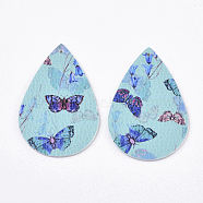 PU Leather Big Pendants, Double Sided, teardrop, With Butterfly Pattern, Dark Turquoise, 56x37x2mm, Hole: 1.6mm(X-FIND-R072-10-C01)