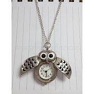 Cute Owl Alloy Quartz Pocket Watch Pendant Necklaces, with Iron Chains and Lobster Claw Clasps, Silver Color Plated, 31.9 inch long, Watch Head: 42.5x27x12.5mm(WACH-N006-01S)