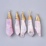 Electroplate Natural Quartz Crystal Pendants, with Brass Findings, Nuggets, Golden, Hot Pink, 40~64.5x10~21x6~17mm, Hole: 3~4mm(G-N325-03D)