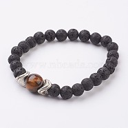 Natural Lava Rock and Tiger Eye Stretch Bracelets, with Alloy Finding, Antique Silver, 2-1/4 inch(56mm)(X-BJEW-JB03001-03)