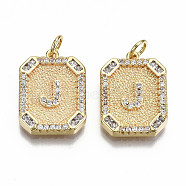Brass Micro Pave Clear Cubic Zirconia Pendants, Nickel Free, Real 18K Gold Plated, Rounded Rectangle with Word, Letter.J, 19x14x2.5mm, Jump Ring: 5x0.7mm, 3mm inner diameter(KK-S356-234J-G-NF)