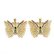 Brass Micro Pave Cubic Zirconia Pendants, Nickel Free, Real 16K Gold Plated, Butterfly, Colorful, 25x30.5x3mm, Hole: 2.5x5mm(KK-Q252-065A-NF)