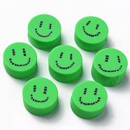 Handmade Polymer Clay Beads, for DIY Jewelry Crafts Supplies, Flat Round with Smiling Face, Spring Green, 9x4~5mm, Hole: 1.6mm(CLAY-N008-031B)