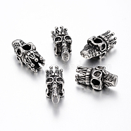 304 Stainless Steel European Beads, Large Hole Beads, Skull with Crown, Antique Silver, 19x8x8.5mm, Hole: 4mm(STAS-I074-12AS)