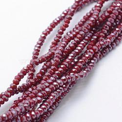 Electroplate Opaque Glass Beads Strands, Pearl Luster Plated, Faceted, Rondelle, Dark Red, 2.5x1.5mm, Hole: 0.5mm, about 197~201pcs/strand, 12.9 inch(33cm)(EGLA-J144-PL-B04)