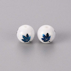 Electroplate Glass Beads, Round, Maple Leaf Pattern, Blue Plated, 10mm, Hole: 1.2mm(EGLA-Q123-010C)
