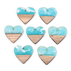 Transparent Resin & White Wood Pendants, Two Tone, Heart Charms, Cyan, 24x25x3.5~4mm, Hole: 2mm(RESI-TAC0017-40)