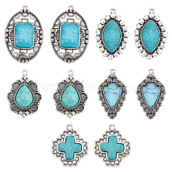 Elite 10Pcs 5 Styles Synthetic Turquoise Pendants, with Antique Silver Tone Alloy Findings, Cross & Horse Eye & Teardrop & Flower & Arrow, 30~43x24~29x3.3~9mm, Hole: 1.8~2mm, 2pcs/style(TURQ-PH0001-04)