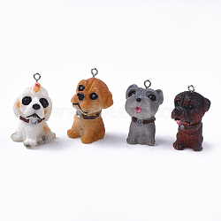 Resin Puppy Pendants, with Platinum Tone Iron Findings, Dog, Mixed Color, 33~37x18~25x19~23mm, Hole: 2mm(RESI-T028-02)