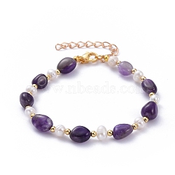 Natural Amethyst Beaded Bracelets, with Natural Pearl Beads, Brass Beads and 304 Stainless Steel Lobster Claw Clasps, 9-1/2 inch(24.2cm)(BJEW-JB05265-04)
