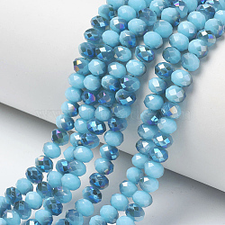 Electroplate Opaque Solid Color Glass Beads Strands, Half Plated, Blue Plated, Faceted, Rondelle, Deep Sky Blue, 4x3mm, Hole: 0.4mm, about 123~127pcs/strand, 16.5~16.9 inch(42~43cm)(EGLA-A034-P4mm-I13)