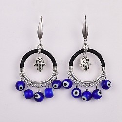 Lampwork Beads Dangle Earrings, with Alloy Beads, 316 Surgical Stainless Steel Earring Hooks and Nylon Thread, Hamsa Hand and Evil Eye, Blue, 66mm, Pin: 0.74mm(EJEW-JE03314-02)
