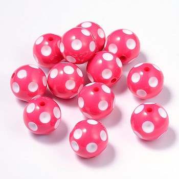 Chunky Bubblegum Acrylic Beads, Round with Polka Dot Pattern, Fuchsia, 20x19mm, Hole: 2.5mm, Fit for 5mm Rhinestone