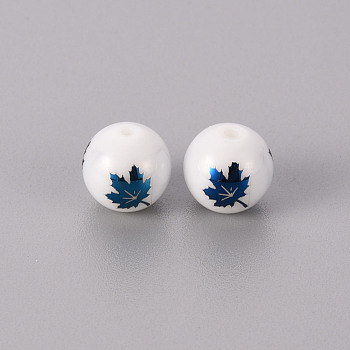 Electroplate Glass Beads, Round, Maple Leaf Pattern, Blue Plated, 10mm, Hole: 1.2mm