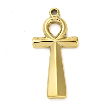 304 Stainless Steel Pendants, Ankh Cross Charm, Real 14K Gold Plated, 37x18x3mm, Hole: 1.8mm
