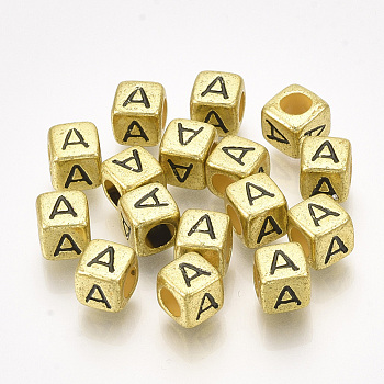 Acrylic Beads, Horizontal Hole, Metallic Plated, Cube with Letter.A, 6x6x6mm, 2600pcs/500g