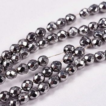 Electroplate Non-magnetic Synthetic Hematite Beads Strands, Faceted, Round, Grade AAAA, Platinum Plated, 3mm, Hole: 1mm, about 127pcs/strand, 16 inch