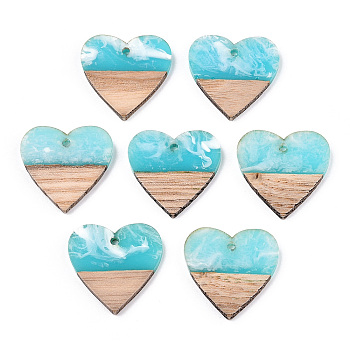 Transparent Resin & White Wood Pendants, Two Tone, Heart Charms, Cyan, 24x25x3.5~4mm, Hole: 2mm