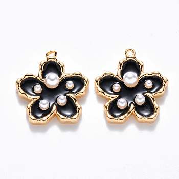 Brass Enamel Pendants, with ABS Plastic Imitation Pearl, Nickel Free, Flower, Real 18K Gold Plated, Black, 16.5x15.5x4mm, Hole: 1mm