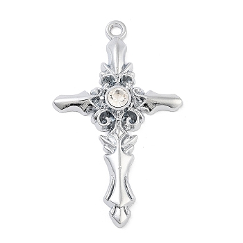 Cross Alloy Rhinestone Pendants, Antique Silver, Crystal, 54.5x32.5x6mm, Hole: 2.5mm