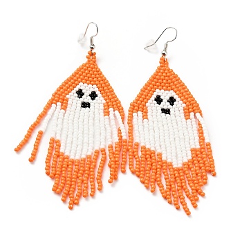 Glass Seed Braided Ghost Chandelier Earrings, Chain Tassel Alloy Halloween Earrings for Women, Orange, 98mm, Pin: 0.6mm