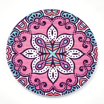 Printed Wooden Big Pendants, Dyed, Flat Round with Flower, Colorful, 60x2.5mm, Hole: 1.5mm