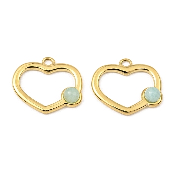 Natural Amazonite Pendants, Ion Plating(IP) 316 Stainless Steel Heart Charms, Real 24K Gold Plated, 15.5x18x4mm, Hole: 1.6mm