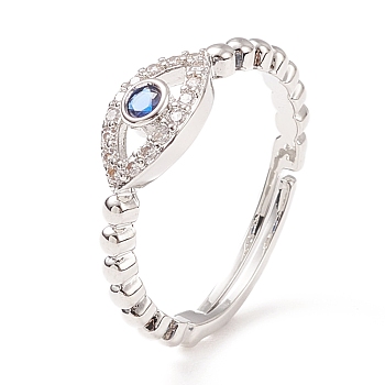 Cubic Zirconia Horse Eye Adjustable Ring, Brass Jewelry for Women, Cadmium Free & Lead Free, Platinum, Inner Diameter: 16.5~22mm