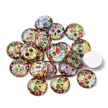 Half Round/Dome Candy Skull Pattern Glass Flatback Cabochons for DIY Projects, Mixed Color, 12x4mm