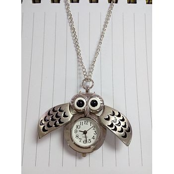 Cute Owl Alloy Quartz Pocket Watch Pendant Necklaces, with Iron Chains and Lobster Claw Clasps, Silver Color Plated, 31.9 inch long, Watch Head: 42.5x27x12.5mm