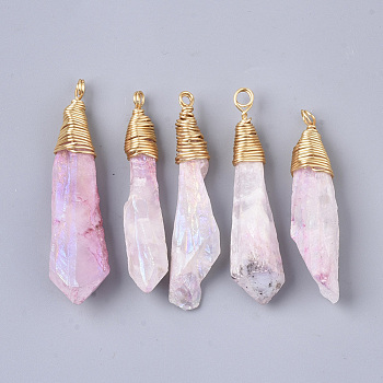 Electroplate Natural Quartz Crystal Pendants, with Brass Findings, Nuggets, Golden, Hot Pink, 40~64.5x10~21x6~17mm, Hole: 3~4mm