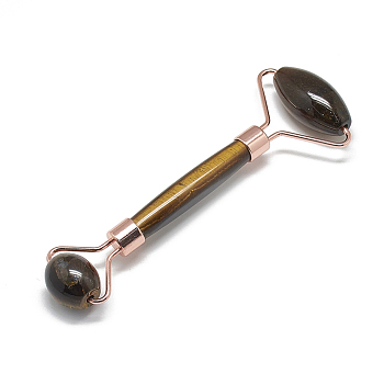 Natural Tiger Eye Massage Tools, Facial Rollers, with Brass Findings, Rose Gold, 13.5~15.3x4~6x2~2.05cm