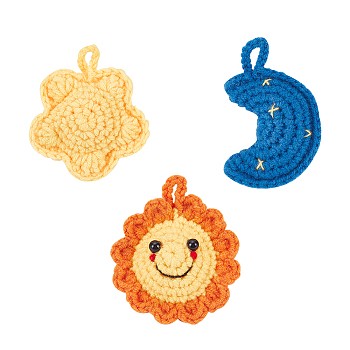 3Pcs 3 Style Woolen Yarn Crochet Pendant Decorations, for Bag Hanging Car Key Pendant Ornament, Sun/Moon/Star, Mixed Shapes, 70~74x50~62x21~33mm, Hole: 10mm, 1pc/style
