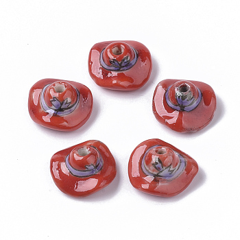 Handmade Porcelain Beads, Famille Rose Style, Lady Hat, Red, 15~16x9mm, Hole: 1.8mm