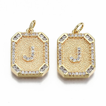 Brass Micro Pave Clear Cubic Zirconia Pendants, Nickel Free, Real 18K Gold Plated, Rounded Rectangle with Word, Letter.J, 19x14x2.5mm, Jump Ring: 5x0.7mm, 3mm inner diameter