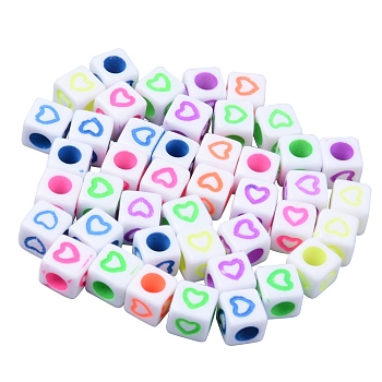 Opaque White Acrylic European Beads, Large Hole Beads, Cube with Mixed Color Heart, 7x7x7mm, Hole: 4mm, about 760~800pcs/200g