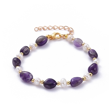 Natural Amethyst Beaded Bracelets, with Natural Pearl Beads, Brass Beads and 304 Stainless Steel Lobster Claw Clasps, 9-1/2 inch(24.2cm)