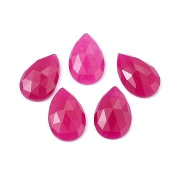 Natural Jade Cabochons, Faceted, Teardrop, Dyed, Deep Pink, 25x16x6mm