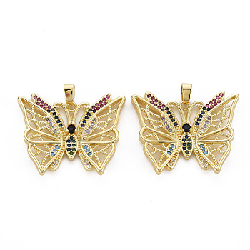 Brass Micro Pave Cubic Zirconia Pendants, Nickel Free, Real 16K Gold Plated, Butterfly, Colorful, 25x30.5x3mm, Hole: 2.5x5mm