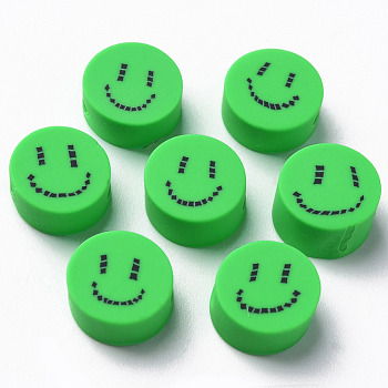 Handmade Polymer Clay Beads, for DIY Jewelry Crafts Supplies, Flat Round with Smiling Face, Spring Green, 9x4~5mm, Hole: 1.6mm