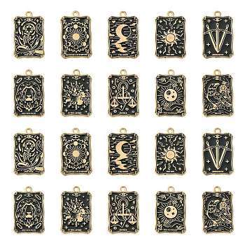 20Pcs 10 Styles Alloy Enamel Pendants, Light Gold, Rectangle with Tarot, Black, 28x18x1.4mm, Hole: 1.6mm, 2pcs/style