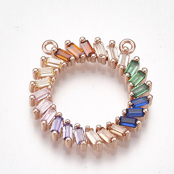 Brass Cubic Zirconia Pendants, Ring, Colorful, Rose Gold, 21x20.5x3mm, Hole: 1.2mm