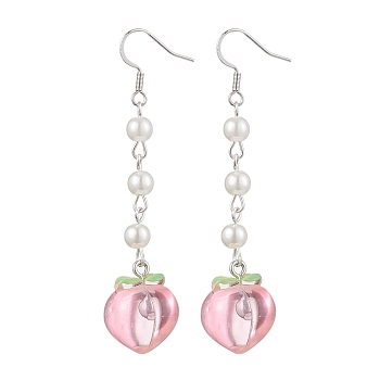 ABS Plastic Imitation Pearl Beads & Resin Peach Dangle Earrings, Brass Earrings for Women, Platinum, 70.5x16.5mm